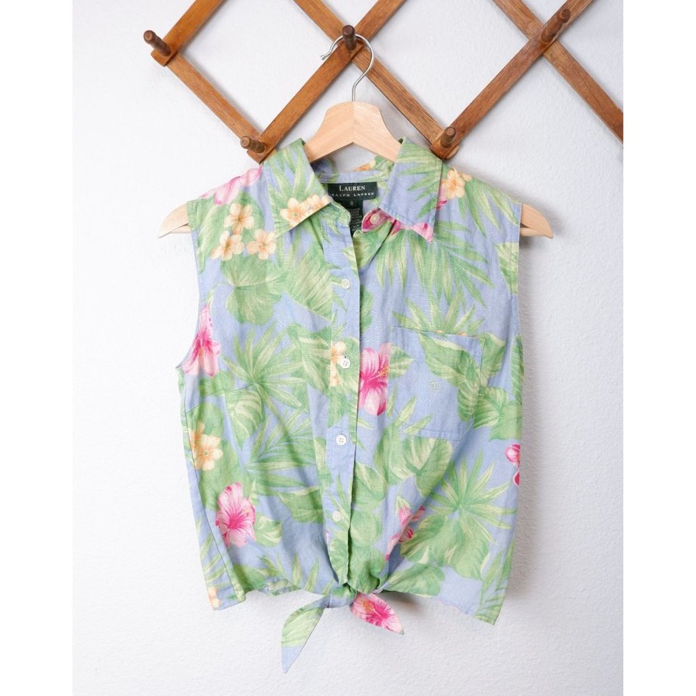 Vintage Lauren Ralph Lauren Linen Y2K 90's Tropical Blue & Hibiscus Tie Front Sh